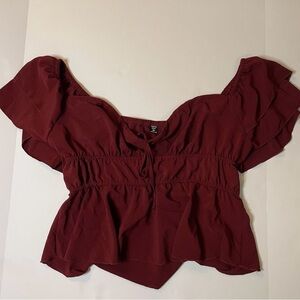 Shein Curve 1Xl Burgundy Ruffle Shoulder Sleeve Blouse Cropped NWOT